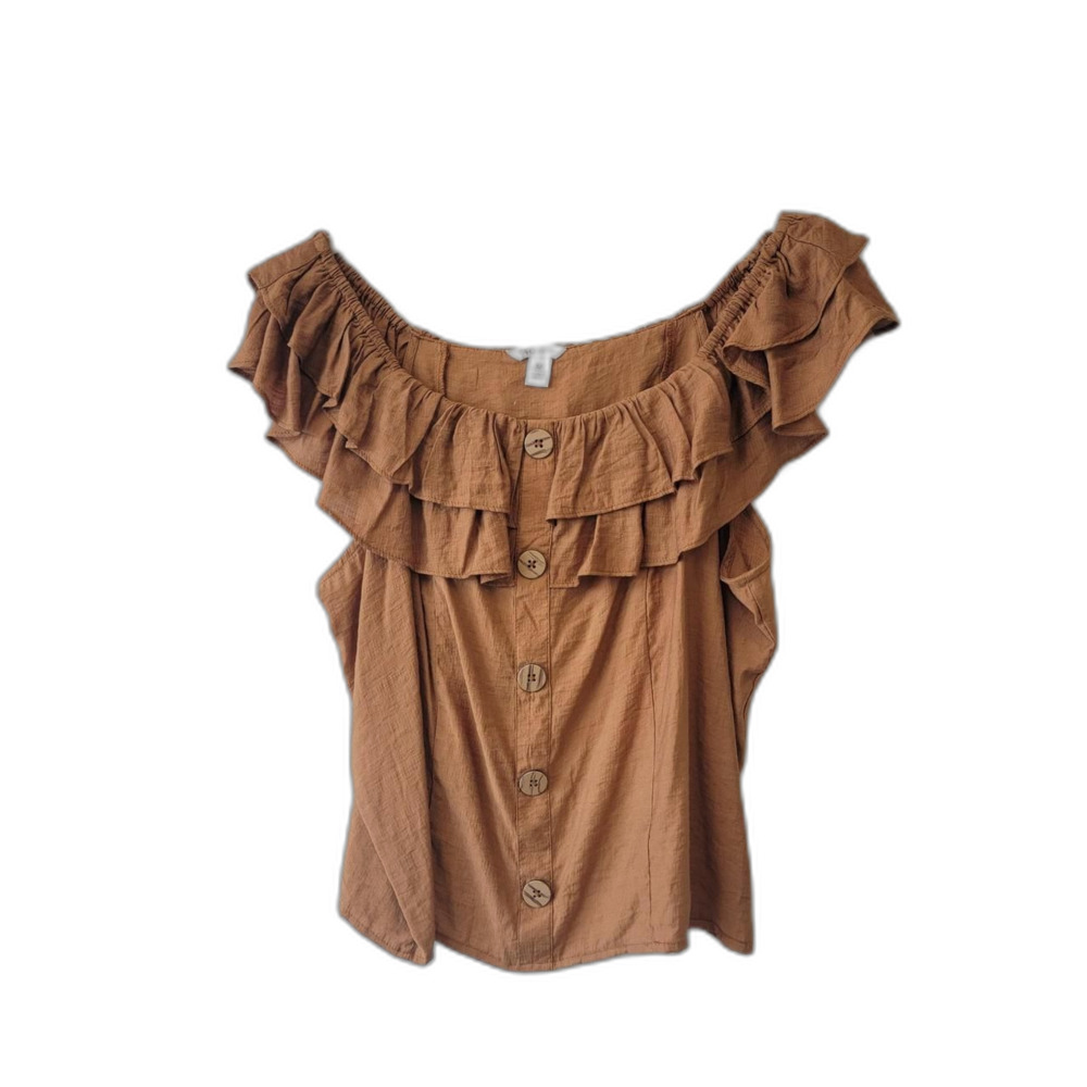 Cato Camel Ruffle Off Shoulder Crop Top Size M